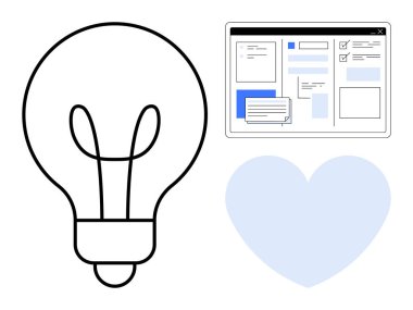 Fikirleri temsil eden ampul, dijital tasarım için web arayüzü ve tutku için kalp. Yaratıcılık, yenilik, tasarım düşünme, beyin fırtınası, takım çalışması, ilham ve teknoloji temaları için ideal