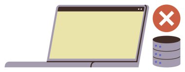 Laptop ekranı, veritabanı sunucusu, bağlantı sorununu gösteren kırmızı hata işareti, veri yönetimi hatası. IT, teknoloji, sunucu, bulut hesaplama, veri güvenliği hataları için ideal