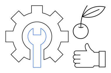 Bakımı sembolize eden ingiliz anahtarı, büyümek için yapraklı kiraz ve onay için baş parmak. Teknoloji, üretkenlik, onarım, sürdürülebilirlik, kalite, geri bildirim ve yönetim için ideal