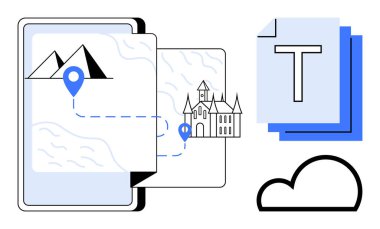 Bir haritayı gösteren tablet, dağ ve kaleyi aydınlatan konum işaretleri, metin belgeleri ve bulut simgesi. Seyahat uygulamaları, bulut depolama, iletişim, dijital içerik, navigasyon eğitimi için ideal