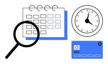 Takvimin üzerinde büyüteç, zamanla saat ve kredi kartı. Zamanlama, zaman yönetimi, finans, süreler, verimlilik, proje planlaması için ideal basit düz metafor