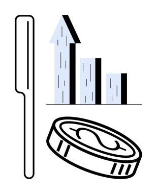 Dolar işaretli bozuk para, yükselen trend bar çizelgesi, düz kenar. Finans, yatırım, büyüme, ekonomi refahı için ideal basit bir iskele sayfası. Çizgi benzetmesi. Basit satır simgeleri