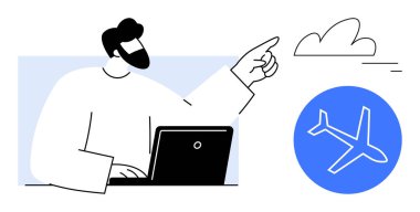 Bir dizüstü bilgisayar kullanan bir adam, bir bulut ve uçak ikonunu işaret ediyor. Seyahat, teknoloji, planlama, iş, yaratıcılık, yenilik, gelecek fikirler ve basit bir iniş sayfası için ideal