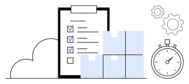 Listeli pano, istiflenmiş kutular, kronometre, bulut ve vitesler. Üretkenlik, lojistik, zaman yönetimi, planlama takım çalışması organizasyonu ve basit bir iniş sayfası için ideal