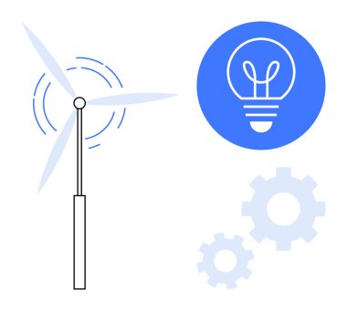 Dönen rüzgar türbini, mavi dairenin içindeki ampul ve dişliler yenilenebilir enerji, ekolojik yenilik, mühendislik, verimlilik, yeşil teknoloji, sürdürülebilirlik ve basit bir iniş sayfasını temsil eder.
