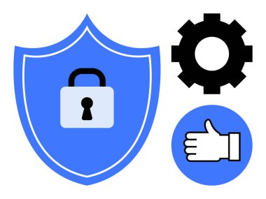 Kilit sembollü mavi kalkan, siyah dişli ve baş parmaklı el. Güvenlik, koruma, teknoloji, güvenilirlik, güven onaylama sistemleri için idealdir. Basit iniş sayfası