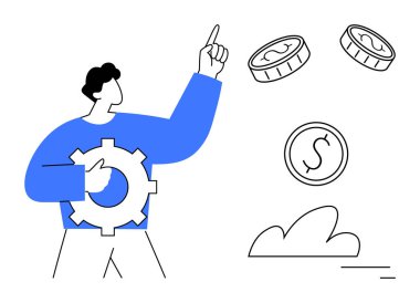 Dişli çark tutan kişi yukarı doğru yüzen bozuklukları ve dolar işaretini işaret ediyor. Finans, strateji, iş çözümleri, büyüme, yenilik, yatırım, basit iniş sayfası için ideal