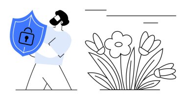 Adamın elinde çiçek açan çiçeklerin yanında güvenlik ve siber güvenliği simgeleyen kilitli bir kalkan var. Güvenlik, güvenlik, çevre, büyüme, veri koruma dijital mahremiyet için idealdir. Basit.