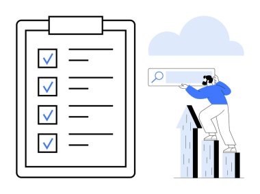 Görev ve bulut tamamlanmış dev kontrol listesinin yanında bir arama çubuğu tutarken ölçeği ölçen adam. Başarı, üretkenlik, büyüme, hedefler, planlama, başarı için ideal, basit düz metafor