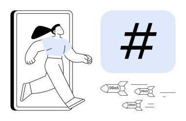 Akıllı telefondan çıkan bir kadın büyük bir meta-veri etiketinin yanında DDoS saldırılarını füze olarak kullanıyor. Siber güvenlik, dijital güvenlik, çevrimiçi tehditler, teknolojik riskler, sosyal medya, İnternet farkındalığı için ideal