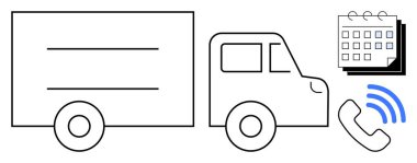 Bir takvim ve telefon ile birlikte lojistik yönetimi, planlama, dağıtım planlaması, iş iletişimi, müşteri hizmetleri, ulaşım koordinasyonunu vurgulayan bir nakliye kamyonu.