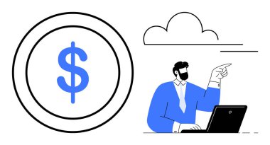 Bilgisayardaki profesyonel iş adamı mavi dolar işareti ve bulutun hemen yanında. Finans, strateji, girişimcilik, yatırım, planlama, teknoloji ve motivasyon için ideal. Basit bir daire.