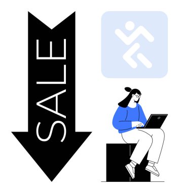 Satış ile aşağı doğru ok, dizüstü bilgisayarlı oturan kadın, soyut ikon. Alışveriş, indirim, pazarlama, satış stratejisi, çevrimiçi iş için ideal fiyat basit düz bir metafor.