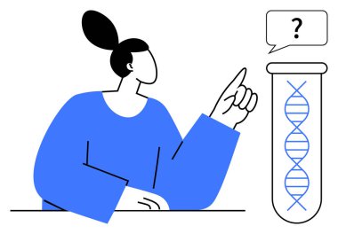 DNA sarmalı bir test tüpünü işaret eden kadın figürü, soru işareti olan soru işareti olan konuşma balonu. Genetik, araştırma, eğitim, yenilik, bilim, biyoteknoloji için ideal