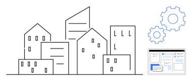 Basit bina taslakları, vitesler ve dijital arayüz düzeniyle minimalist kentsel ufuk çizgisi. Kentsel planlama, teknoloji, iş çözümleri, gayrimenkul, altyapı, işbirliği için ideal