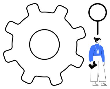 Soyut teçhizat, büyüteç ve klasör tutan kişi keşif ve verimliliği ön plana çıkarıyor. Takım çalışması, yenilik, yönetim, kariyer, yaratıcılık verimliliği basitliği için idealdir. Modern daire