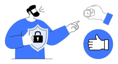 Sakallı kişi kalkanı kilit altında tutuyor, güvenliği simgeliyor, zamana odaklanmak için saati tutuyor. Baş parmak ikonu onayı temsil eder. Güvenlik, zaman yönetimi, güven ve dürüstlük için ideal