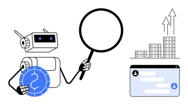 Robot elinde büyüteç ve para tutarak verileri inceliyor. Büyüme grafiği ilerlemeyi gösteriyor. Kullanıcı arayüzü iletişimi vurgular. Yenilik için ideal, fintech, AI, ilerleme, analiz, iş