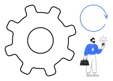 Dişlileri sembolize etme sistemi, döngü belirleme süreci, fikir için ampul tutan iş adamı. Yenilik, üretkenlik, yaratıcılık, takım çalışması, süreç, profesyonel büyüme problem çözümü için ideal