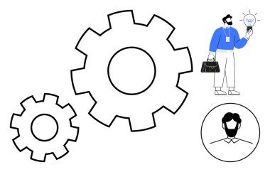 Çantalı adam büyük viteslerin yanında ampul tutuyor, takım çalışmasını, yeniliği, verimliliği, liderliği, problem çözmeyi, kavramsal düşünmeyi ve profesyonel büyümeyi sembolize ediyor. Basit düzlüğü temizle
