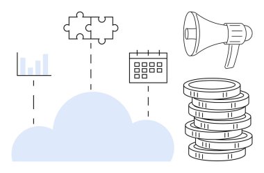 Veri grafiği, bulmaca parçaları, takvim, megafon ve sikkelerle çevrili bulut, stratejiyi, analitiği, takım çalışması iletişim teknolojisi finans ve büyümeyi sembolize ediyor. Yenilik için ideal