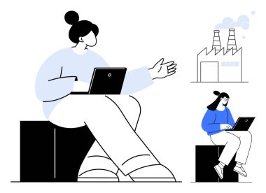 İki kadın dizüstü bilgisayarlarla çalışıyor, biri el kol hareketi yapıyor, fabrika arka planda duman yayıyor. Takım çalışması, teknoloji, yenilik, uzaktan çalışma, endüstriyel iletişim sürdürülebilirliği için ideal. Basit düz