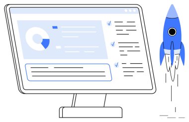 Ekranda roketin fırlatılmasını gösteren harita ve kontrol listesi ilerlemeyi, hedefleri ve yeniliği simgeler. Ticari büyüme, veri izleme, girişim, teknoloji, üretkenlik, strateji başarısı için ideal