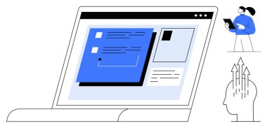 Arayüz tasarımı ve diyagramları olan bir dizüstü bilgisayar aç, kullanıcı elinde tablet, başında oklar olsun. Teknoloji, beyin fırtınası, yenilik, takım çalışması, üretkenlik, eğitim için ideal basit iniş sayfası