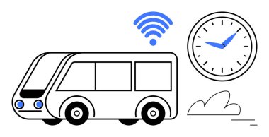 Kablosuz sinyali olan akıllı otobüs, zamanında servis için saat ve çevresel öğeler. Ulaşım için ideal, akıllı şehir, toplu taşıma, teknoloji entegrasyonu, hareketlilik hizmetleri, dakiklik