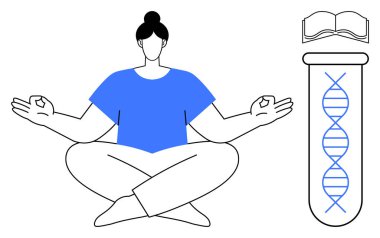 Oturan kişi test tüpünde DNA sarmalının yanında meditasyon yapıyor ve kitabı açıyor. Farkındalık, sağlık, biyoloji, genetik araştırma, eğitim, denge ve akıl sağlığı için ideal. Basit düz metafor