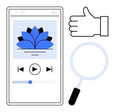 Mobil ekranda müzik çalar, lotus temalı sanat eserleri, çalma kontrolleri var. Yakınlarda, arama ve onaylama jestleri için bir büyüteç. Müzik, arama, sağIık, yaratıcılık geri bildirimi için ideal