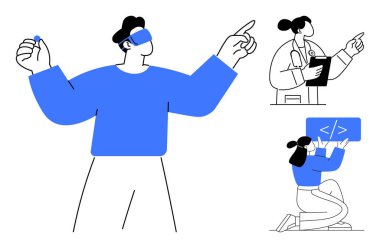 VR jestleri olan bir kişi, bir doktor belgeleri elinde tutuyor ve bir programcı kodlarla etkileşime geçiyor. Teknoloji, yenilik, sağlık, eğitim, takım çalışması, yaratıcılık için ideal basit iniş sayfası