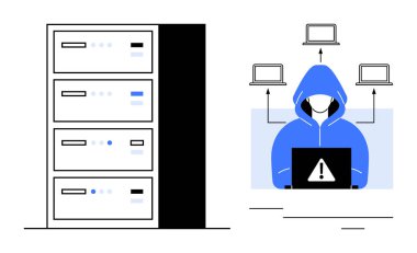 Mavi kapüşonlu anonim bir hacker sunucuların ve ağlı dizüstü bilgisayarların yanında özel bilgilere erişiyor. Hackleme, güvenlik, şifreleme, veri ihlali, siber suç, risk, basit düz