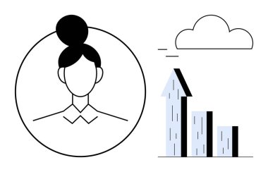 Yuvarlak çerçeveli bir kadın avatarı yukarı doğru giden grafik ve bulutun yanında. İş, kariyer, büyüme, analitik, kalkınma, liderlik, yenilik, basit iniş sayfası için ideal