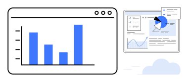 Veri analiz panellerinde gösterilen çubuk çizelgesi, pasta grafiği ve çizgi grafiği. İş için ideal, analitik, finansal planlama, sunumlar, eğitim, araştırma teknolojisi açıklaması basit