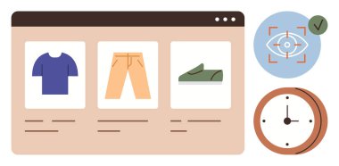 Web sayfasında görsel öğeler ile giysi öğeleri gösteriliyor, odak, zaman ve doğrulama için. E-ticaret, kullanıcı deneyimi, alışveriş verimliliği, teknoloji, minimalizm analizleri için ideal. Basit düz