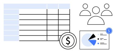 Hesap tablosu, dolar işareti, turta ve çubuk elemanları grafiği, takım çalışması için kullanıcı simgeleri. Finans, veri, işbirliği, iş planlama pazarlama analizleri için ideal. Düz basit metafor