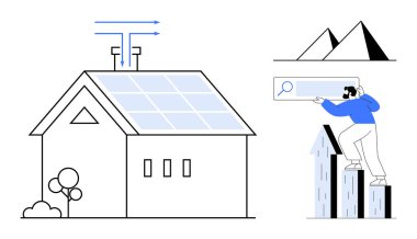 Güneş panelleri ve hava akımlı ev, büyüme çubuğu grafikleri üzerinde arama yapan kişi, uzak geometrik dağlar. Sürdürülebilirlik, verimlilik, teknoloji, büyüme, yenilik ve yenilenebilir enerji için ideal