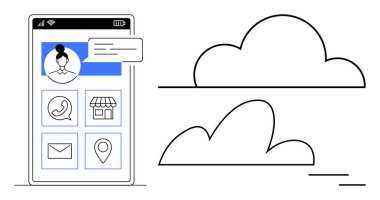Uygulama simgelerini ve kullanıcı profilini ana hatlarıyla belirlenmiş bulut şekillerinin yanında gösteren akıllı telefon ekranı. Teknoloji için ideal, mobil uygulamalar, iletişim, ağ oluşturma, bulut depolama, uzaktan kumanda