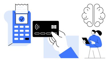 NFC kartı ve terminali ile temassız ödeme elinde tablet ve beyin grafiği olan bir kişi. Yenilik, teknoloji, finans, işlemler, yapay zeka, analiz ve basit bir iniş sayfası için ideal