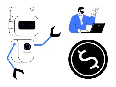 Mekanik kolları olan bir robot bir dolar ile birlikte bir iş adamına dizüstü bilgisayarda sunuluyor. AI entegrasyonu, yenilik, finans, otomasyon, işbirliği, teknoloji ve kâr için ideal
