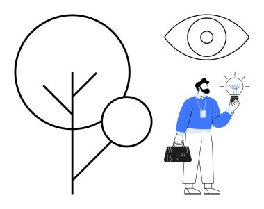 Yanında evrak çantasıyla parlayan ampulü tutan adam, büyümeyi simgeleyen soyut ağaç, görüşü ve farkındalığı simgeliyor. Yenilik, yaratıcılık, girişimcilik, strateji, sürdürülebilirlik için ideal