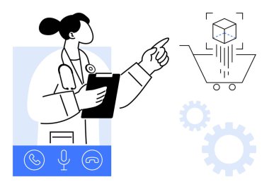 Doktor elinde dosya, alışveriş arabasındaki AR nesnesini gösteriyor. Çağrı simgeleri, dişliler, vurgu teknolojisi, danışma, sağlık dönüşümü. Teletıp ve yenilik için ideal.