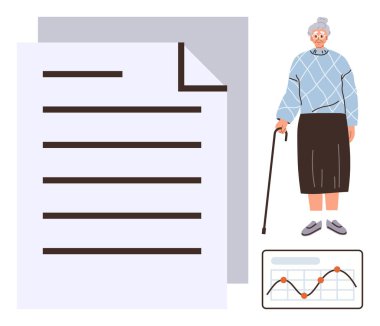 Bastonlu yaşlı bir kadın, büyük bir belge ve çizelge. Yaşlanma, raporlar, sağlık, veri görselleştirme, emeklilik ve ilerleme sunumu için idealdir. Basit düz metafor