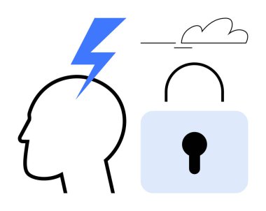 Fikirler için yıldırımlı baş silueti, minimalist bulut ve güvenlik için mavi asma kilit. Yaratıcılık, yenilik, beyin fırtınası, fikri mülkiyet, akıl sağlığı, mahremiyet için ideal