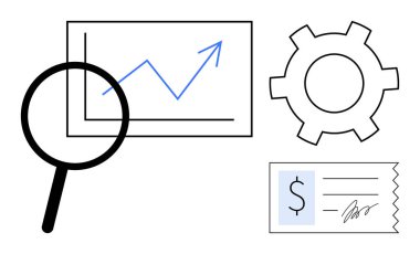 Büyüteç, teçhizat ve imzalı makbuzla birlikte yukarı doğru büyüme tablosuna odaklanır. Veri analizi, iş büyümesi, strateji, sorun çözme, finansal planlama, geliştirme, basit