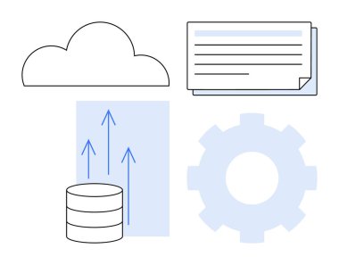 Bulut, veritabanı, belge, veri depolama, bulut göçü, otomasyon ve işlem yönetimini temsil eden ikonlar. Teknoloji ve yenilik için ideal iş stratejisi optimize bilişim hizmetleri