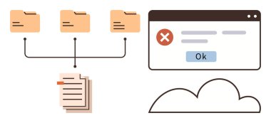 Belgeler, bulut simgesi ve Ok tuşlu tarayıcı hata iletisine bağlı üç dizin. Veri düzenleme, dosya yönetimi, hata işleme, bulut depolama, teknoloji sorunları için ideal