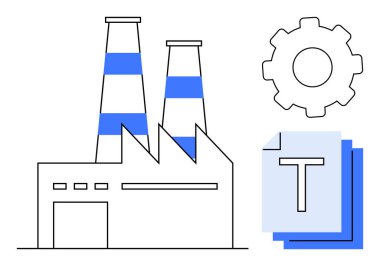 Çizgili bacaları, çarkları ve belge yığını olan bir fabrika. Üretim, otomasyon, endüstriyel süreçler, yenilik, planlama, lojistik basit iniş sayfası için ideal
