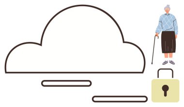 Kilitli dijital bir bulut simgesinin yanında duran yaşlı kadın, güvenli veri depolama, çevrimiçi güvenlik ve erişilebilirliği vurguluyor. Siber güvenlik, teknoloji, bulut depolama, yaşlı bakımı için ideal